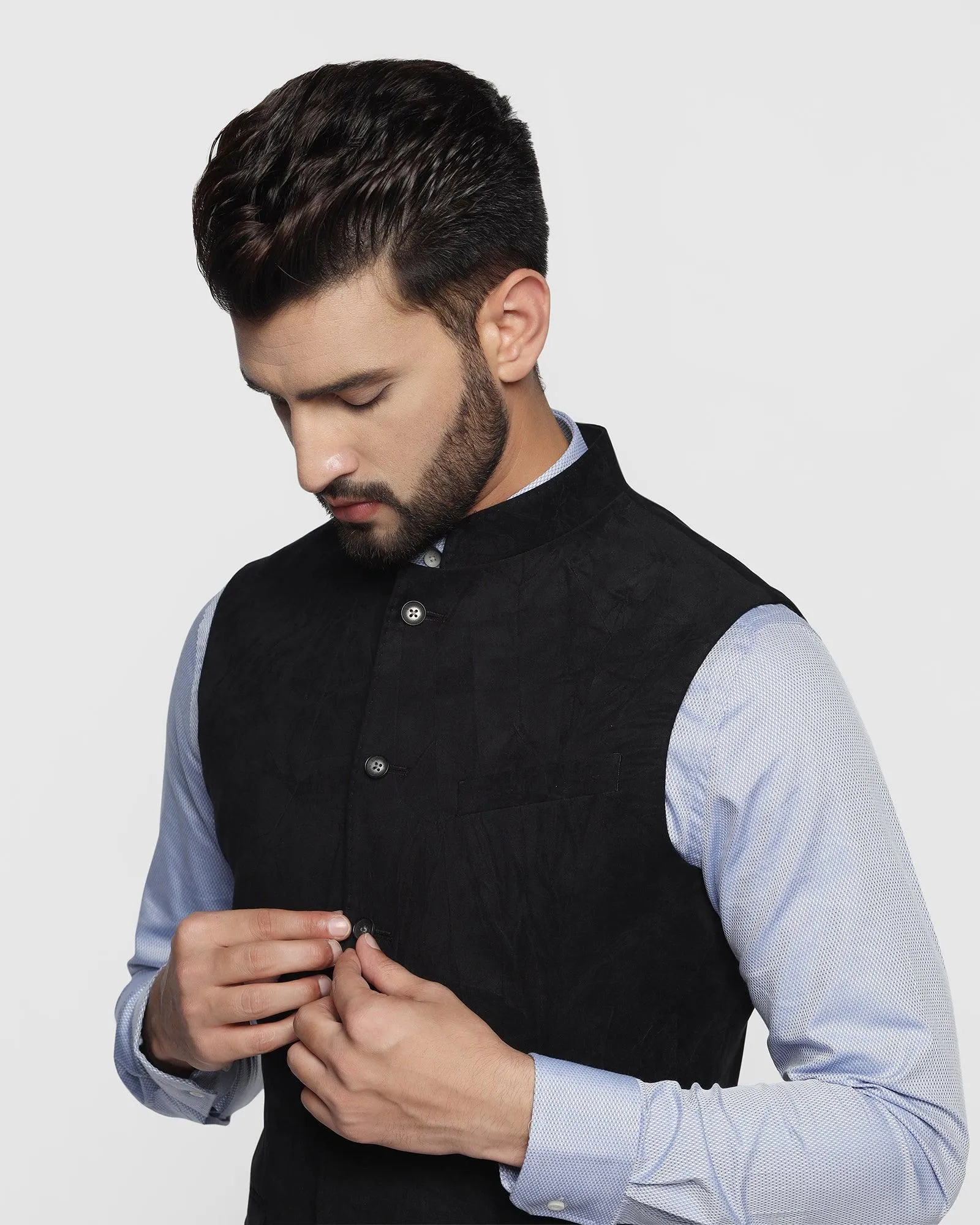 Bandhgala Casual Jet Black Textured Waistcoat - Vasteras