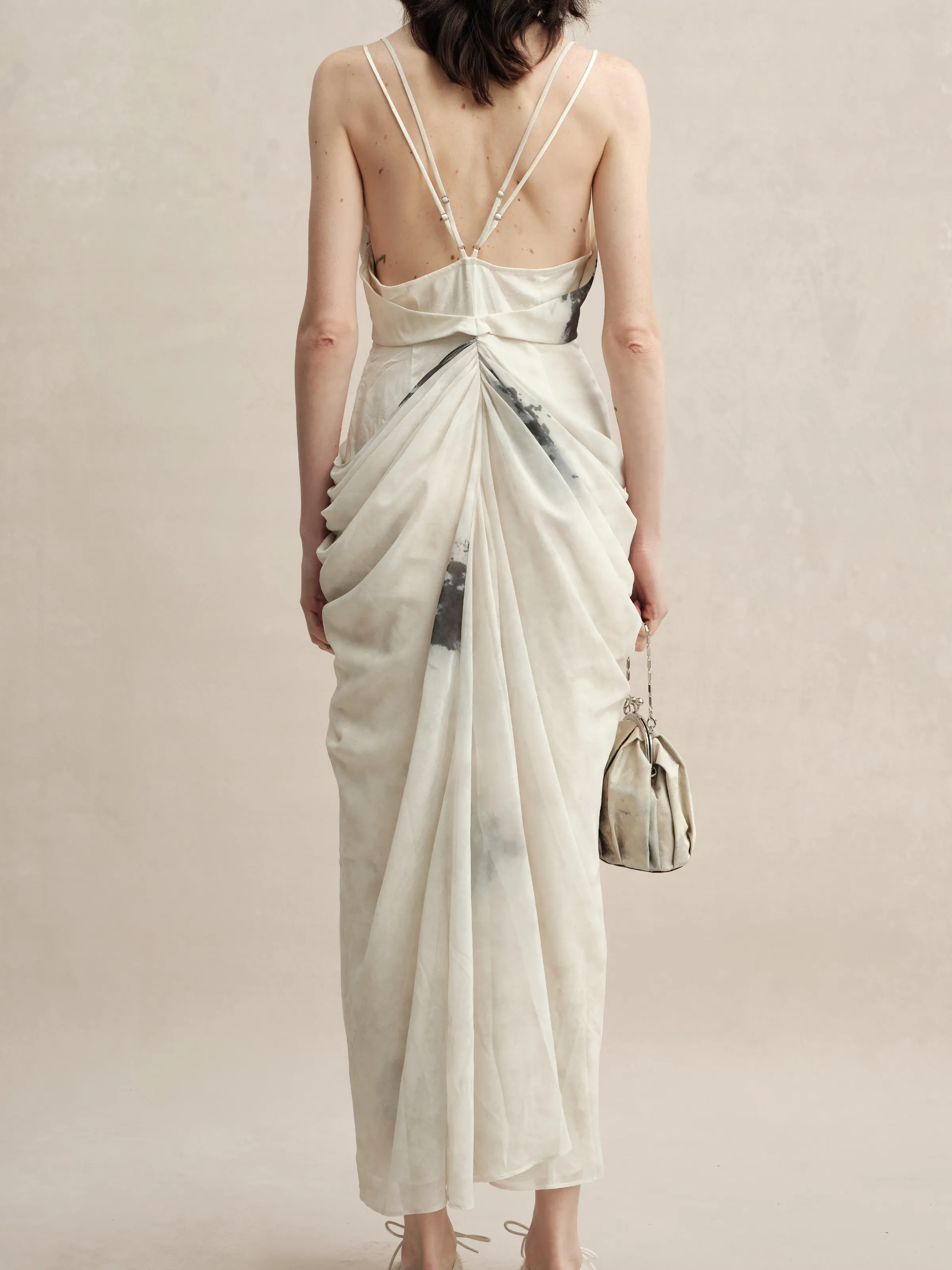 Beige Double Layered Pleated Dress