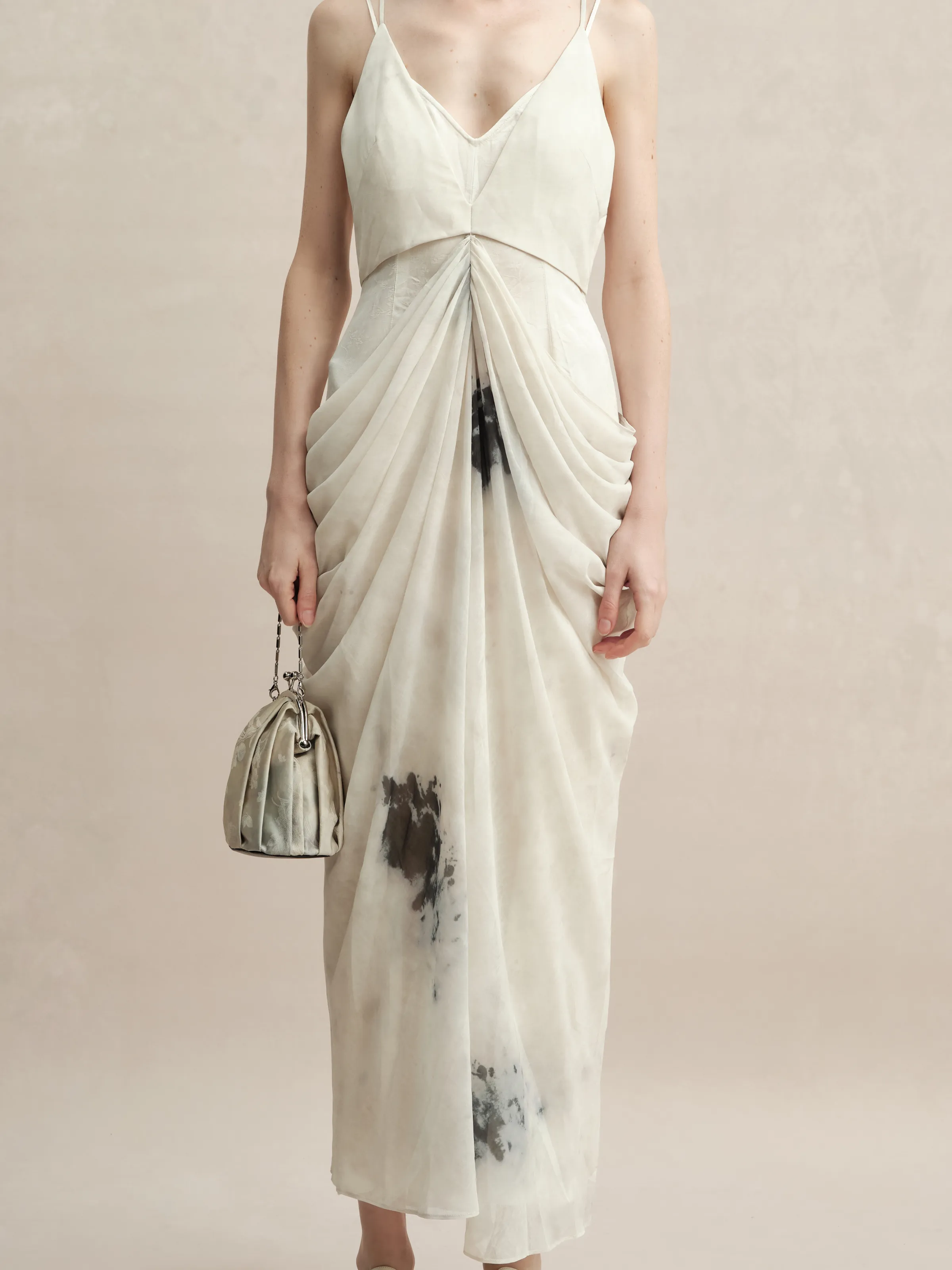 Beige Double Layered Pleated Dress