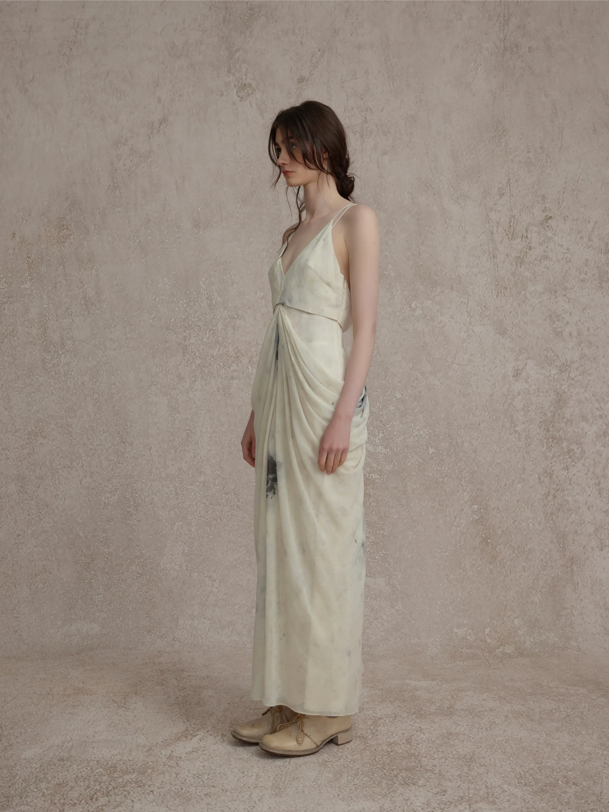 Beige Double Layered Pleated Dress