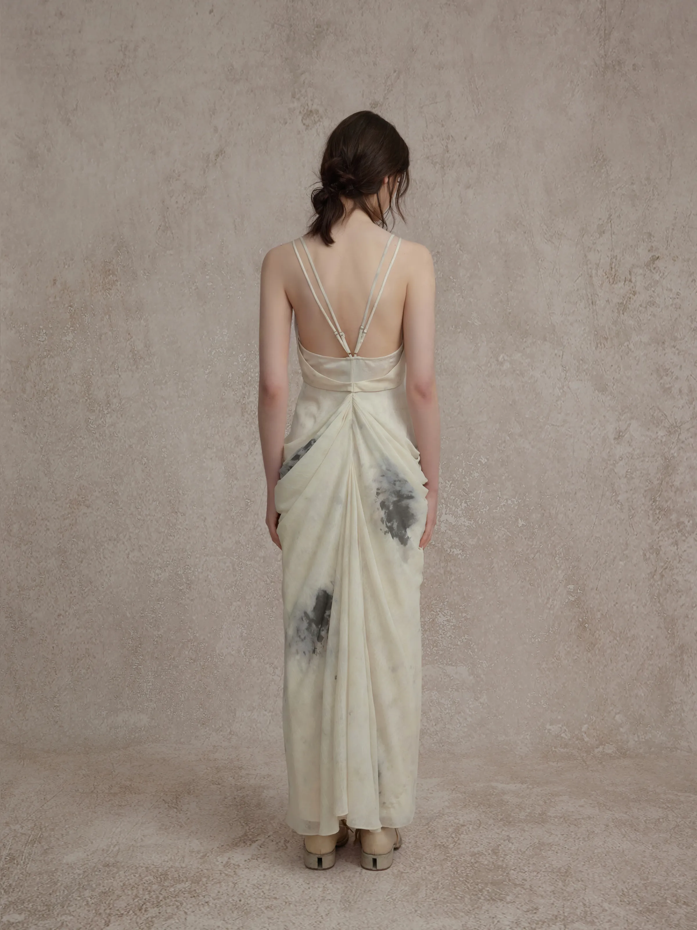 Beige Double Layered Pleated Dress