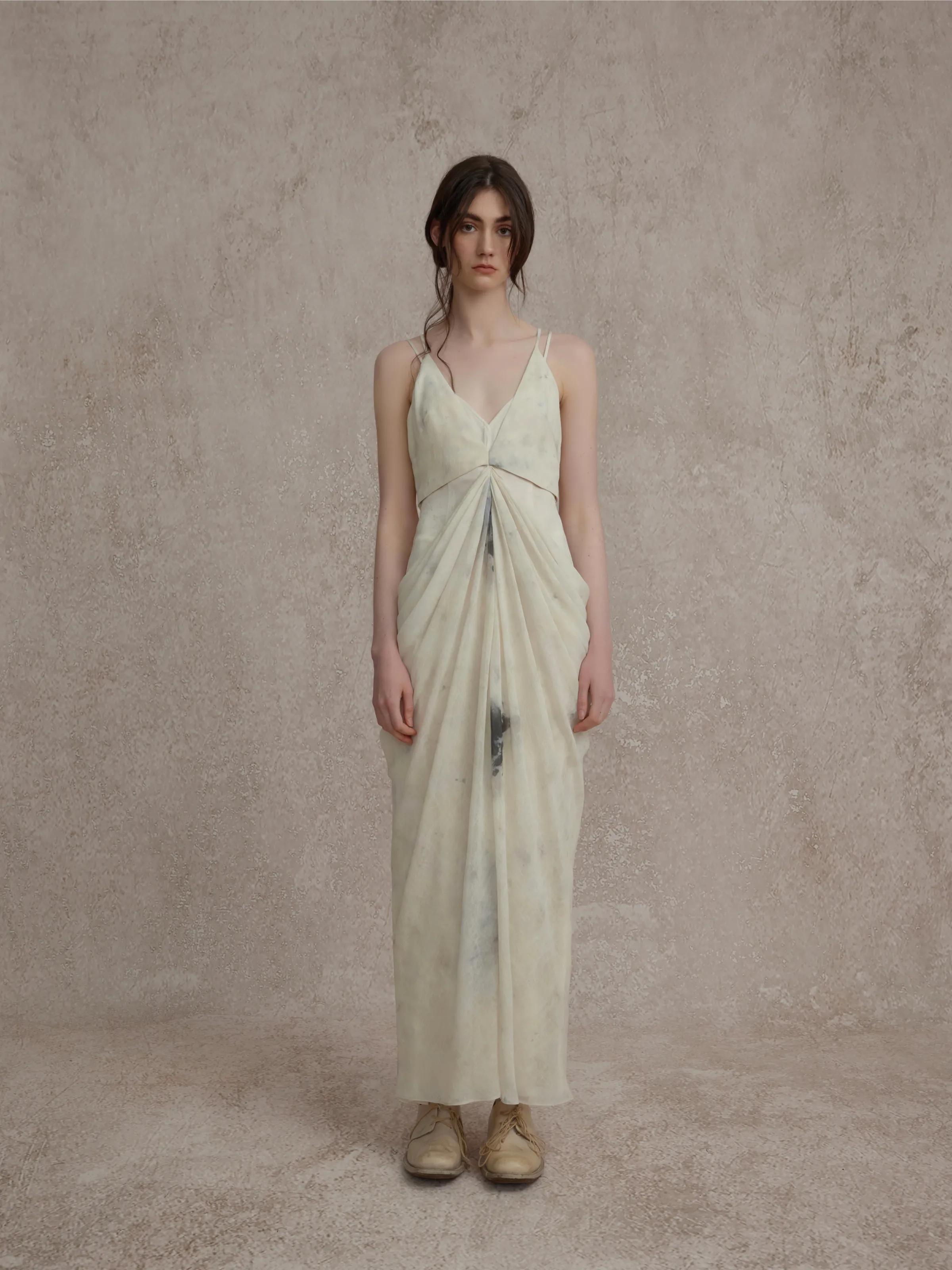 Beige Double Layered Pleated Dress
