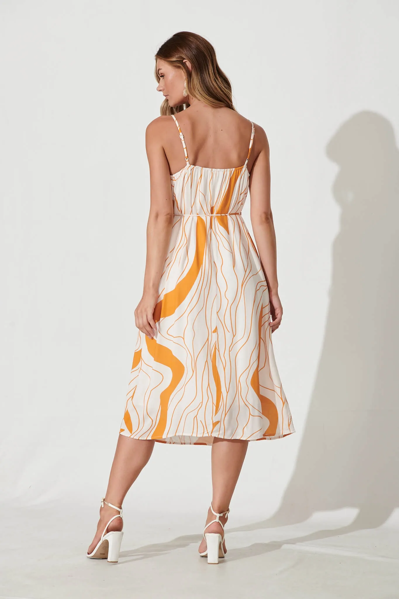 Bibi Midi Sundress In Cream With Orange Swirl Linen Blend