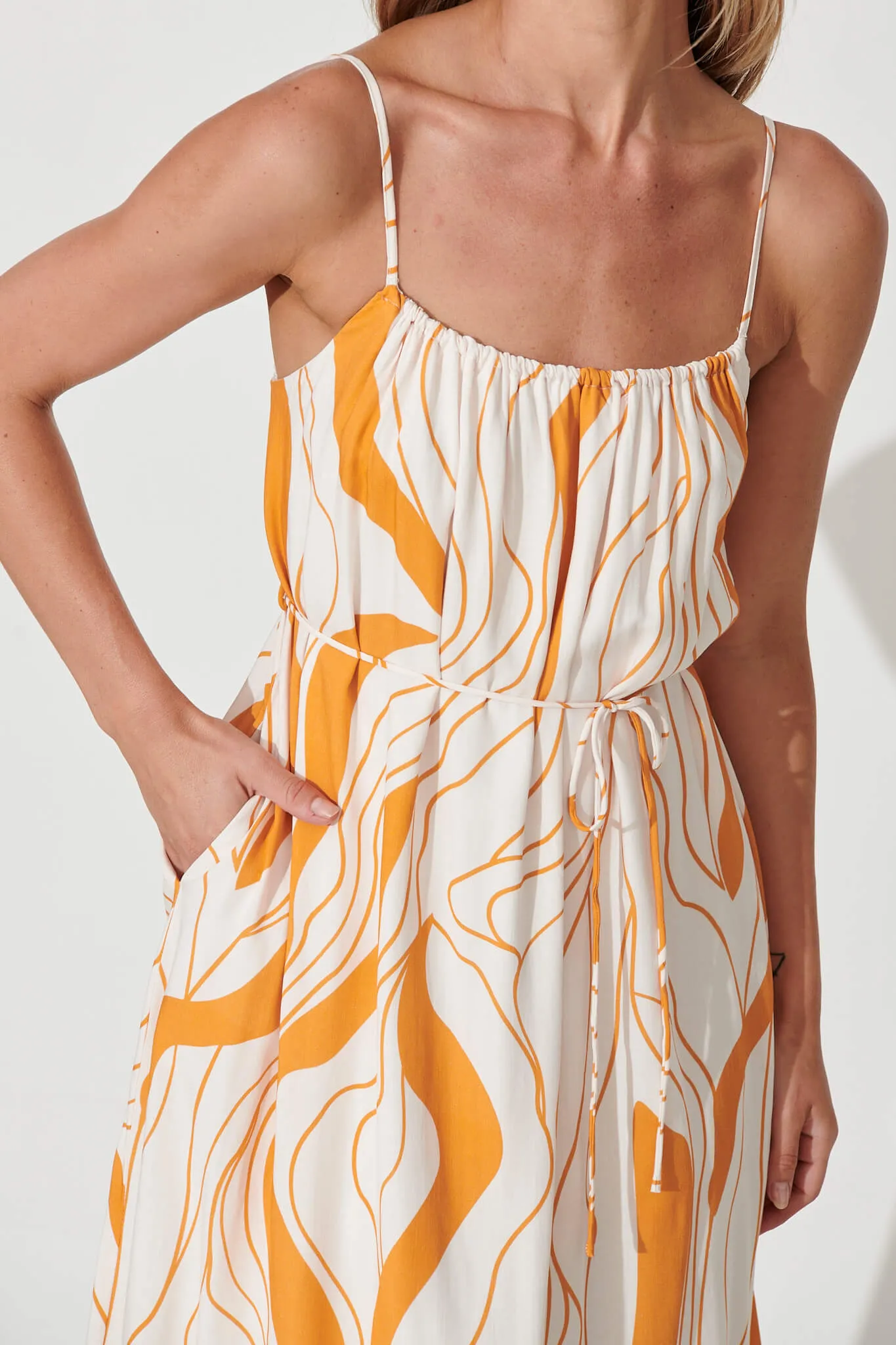 Bibi Midi Sundress In Cream With Orange Swirl Linen Blend