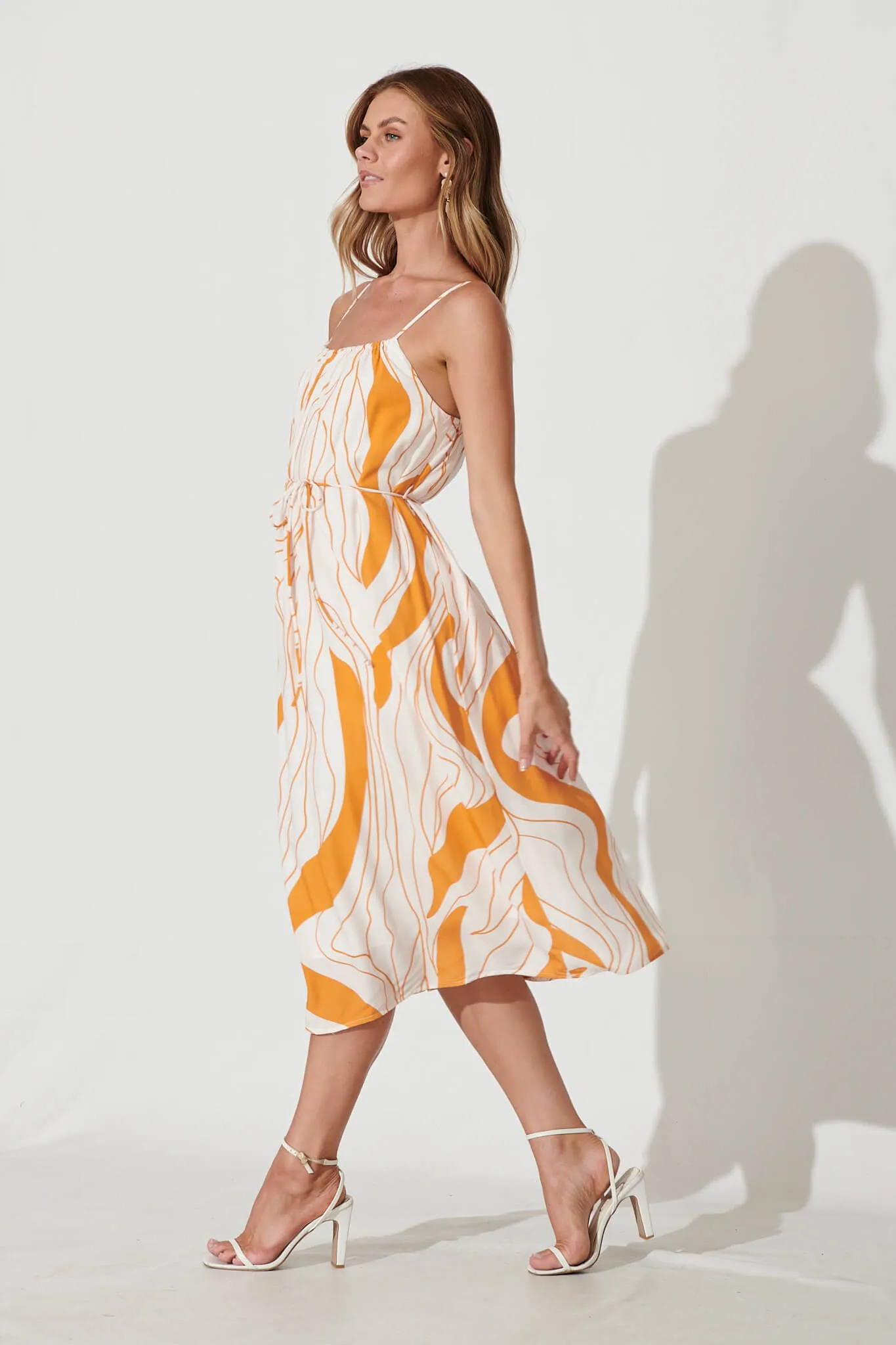 Bibi Midi Sundress In Cream With Orange Swirl Linen Blend