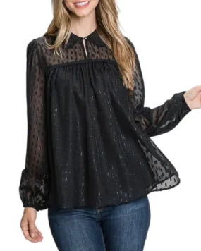 Black and Gold Jacquard Semi-Sheer Long Sleeve Blouse