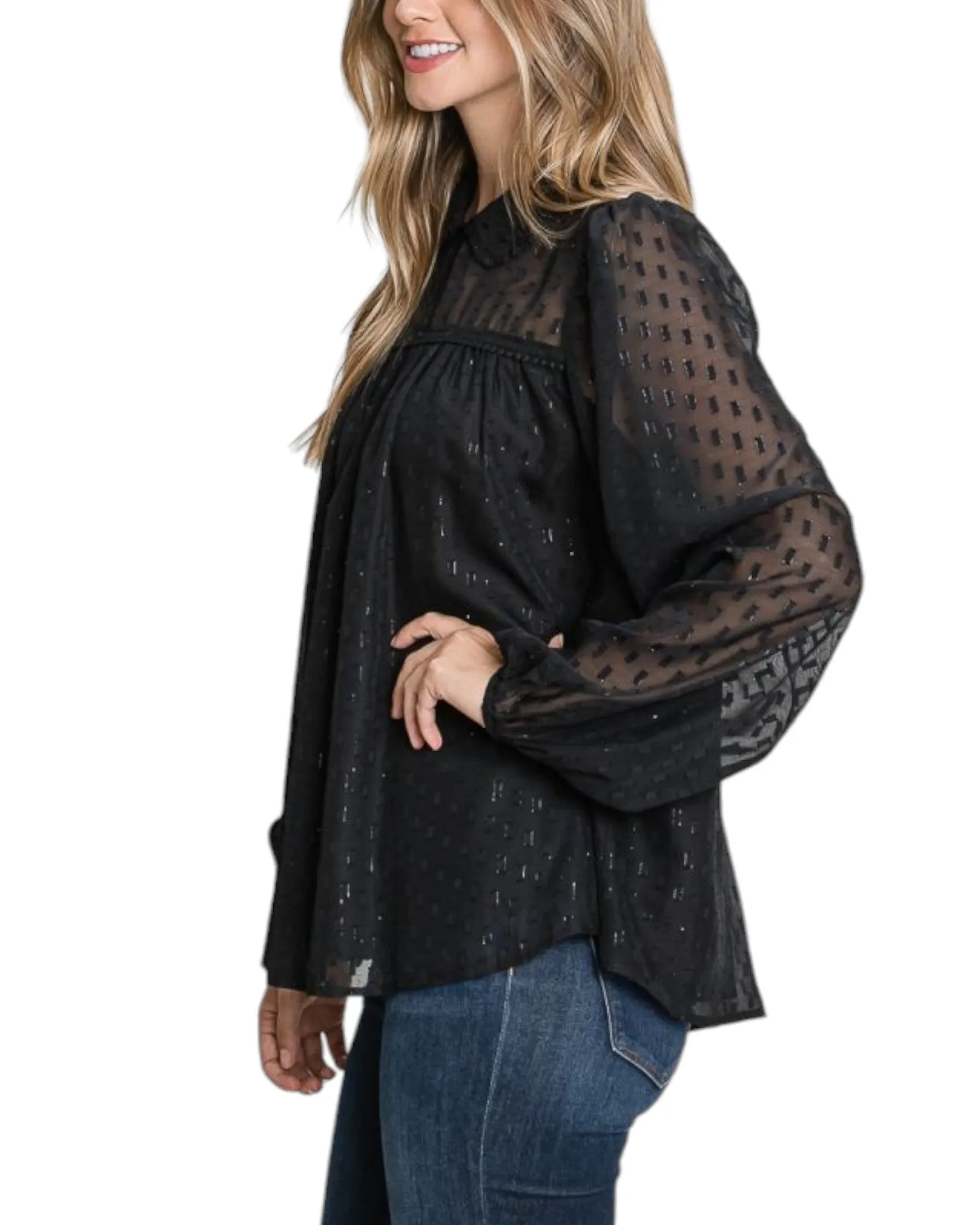 Black and Gold Jacquard Semi-Sheer Long Sleeve Blouse