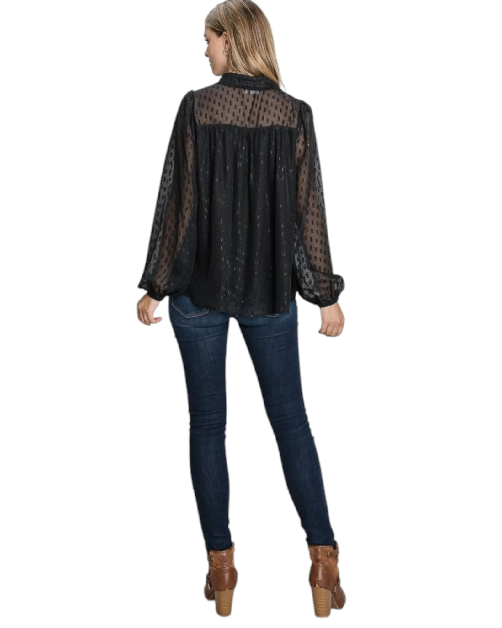 Black and Gold Jacquard Semi-Sheer Long Sleeve Blouse