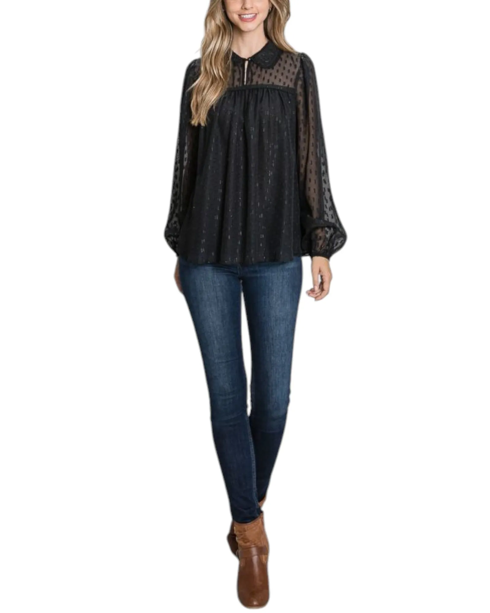 Black and Gold Jacquard Semi-Sheer Long Sleeve Blouse
