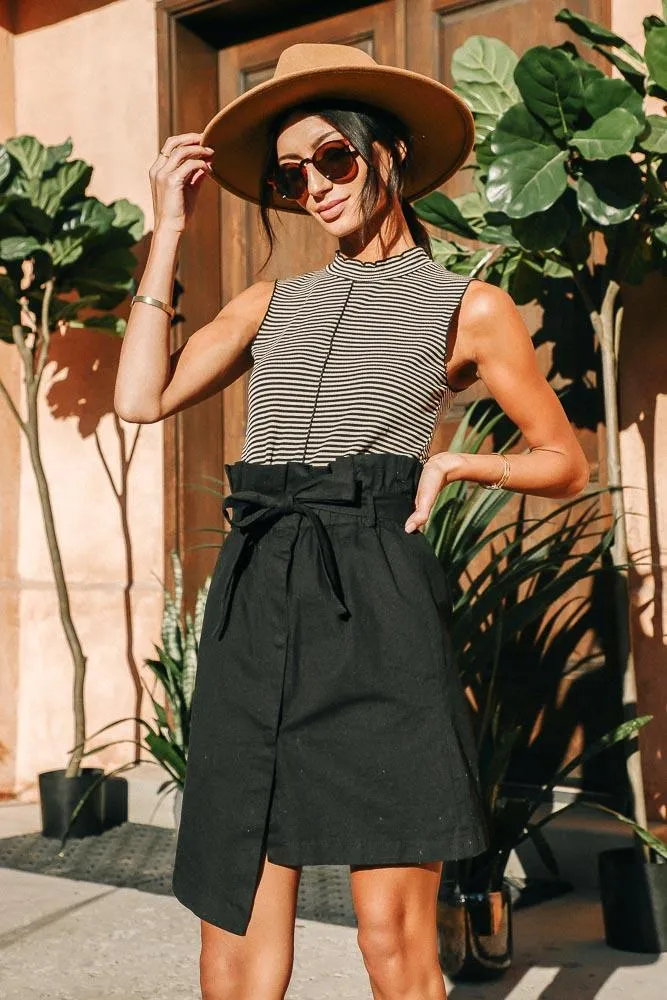 Black and Taupe Striped Ruffle Tank