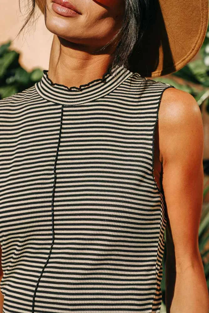 Black and Taupe Striped Ruffle Tank