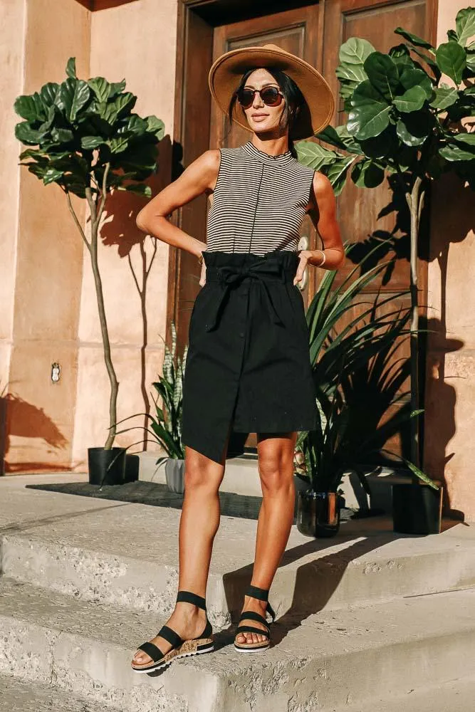 Black and Taupe Striped Ruffle Tank