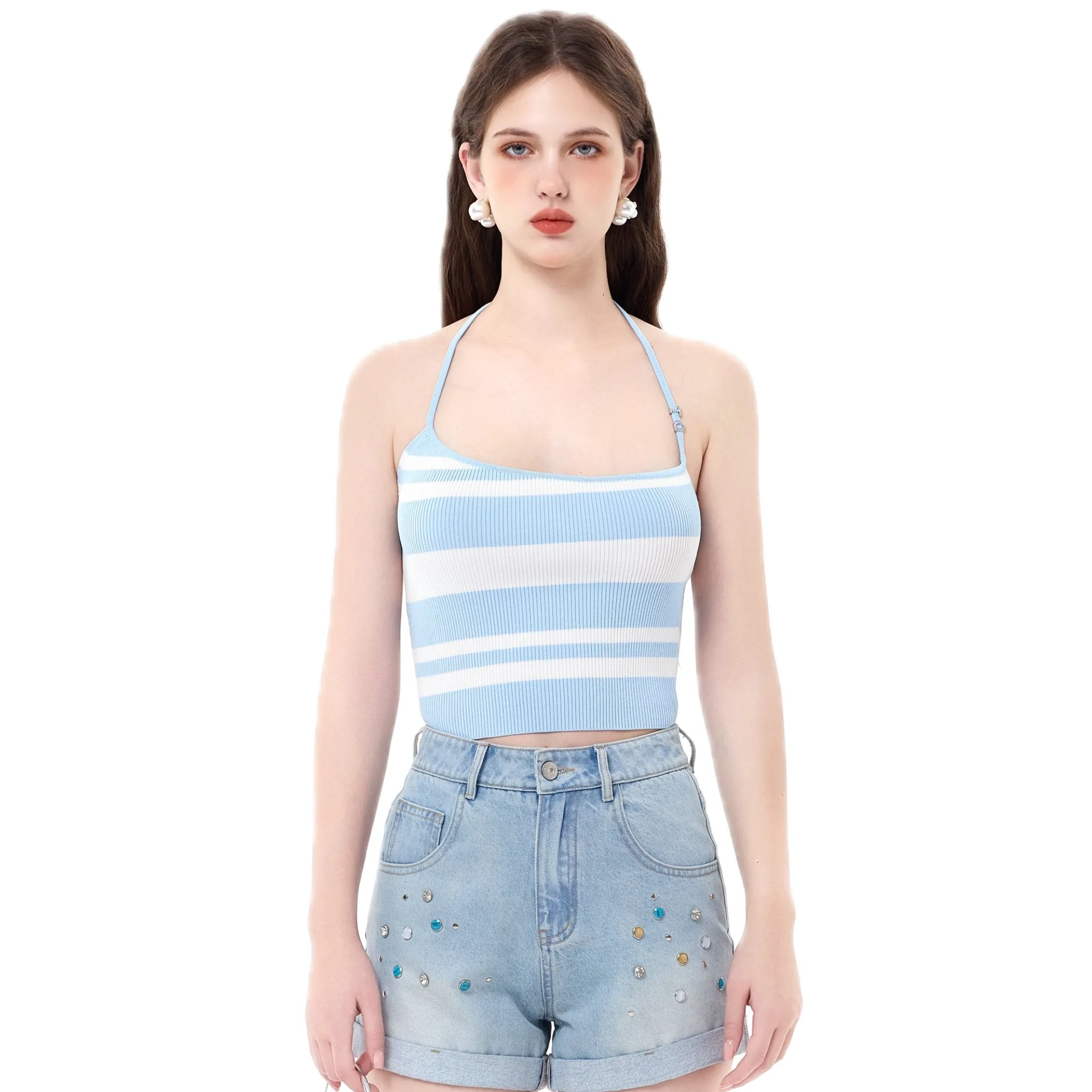 Blue And White Striped Logo Embellished Slant Collar Neck Suspenders