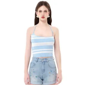 Blue And White Striped Logo Embellished Slant Collar Neck Suspenders