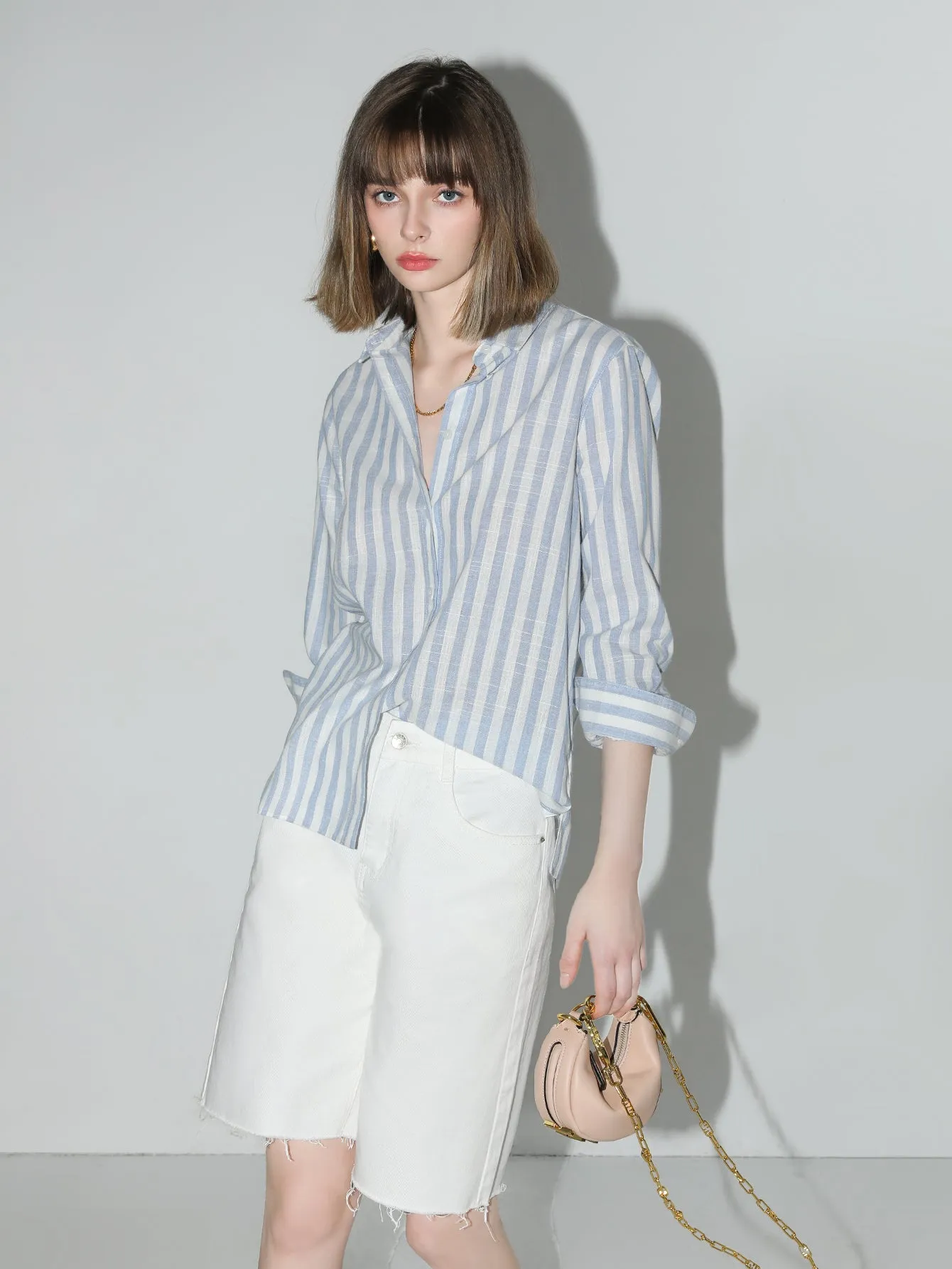 Blue and White Striped Long Sleeve Collared Shirt