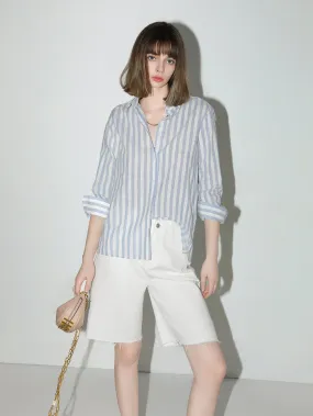 Blue and White Striped Long Sleeve Collared Shirt