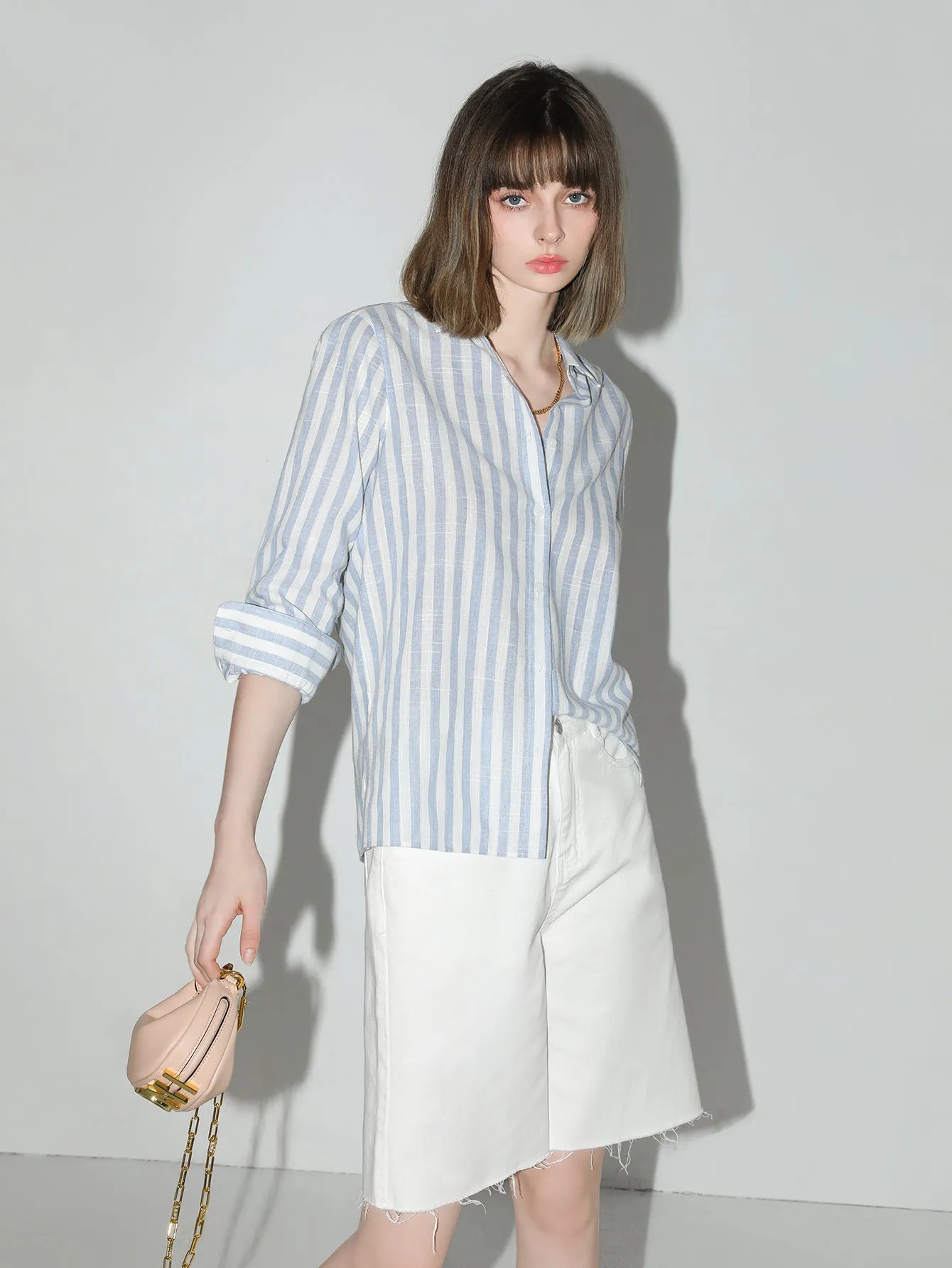 Blue and White Striped Long Sleeve Collared Shirt