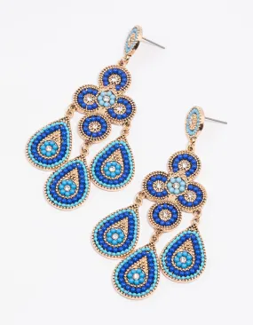 Blue Beaded Bug Multirow Drop Earrings