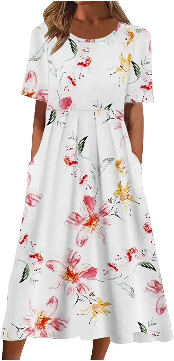 Ceboyel Maxi Dresses for Women 2023 Short Sleeve Casual Tshirt Dresses Floral Print Long Dress Trendy Summer Boho Clothing