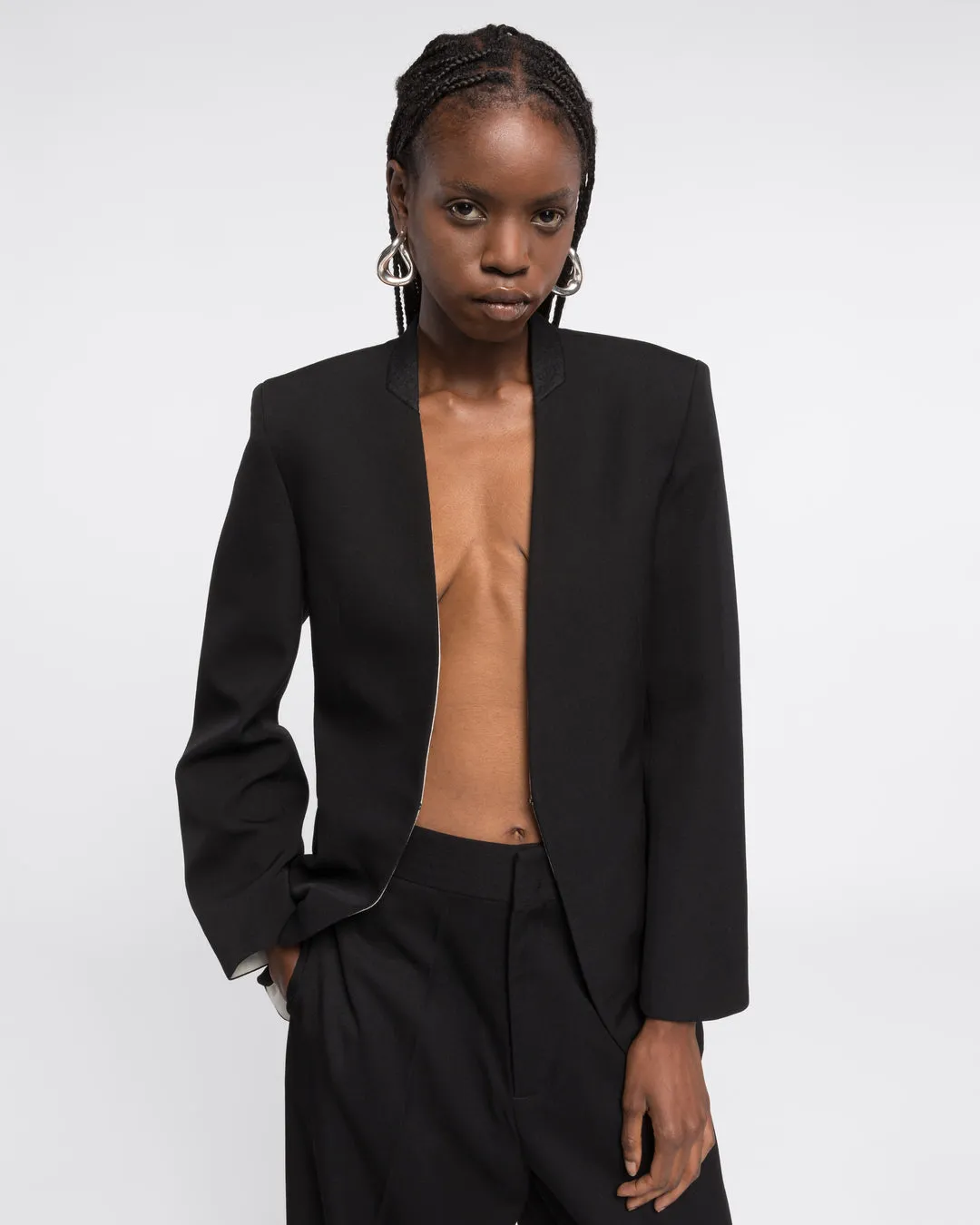 COLLARLESS WOOL BLAZER - BLACK