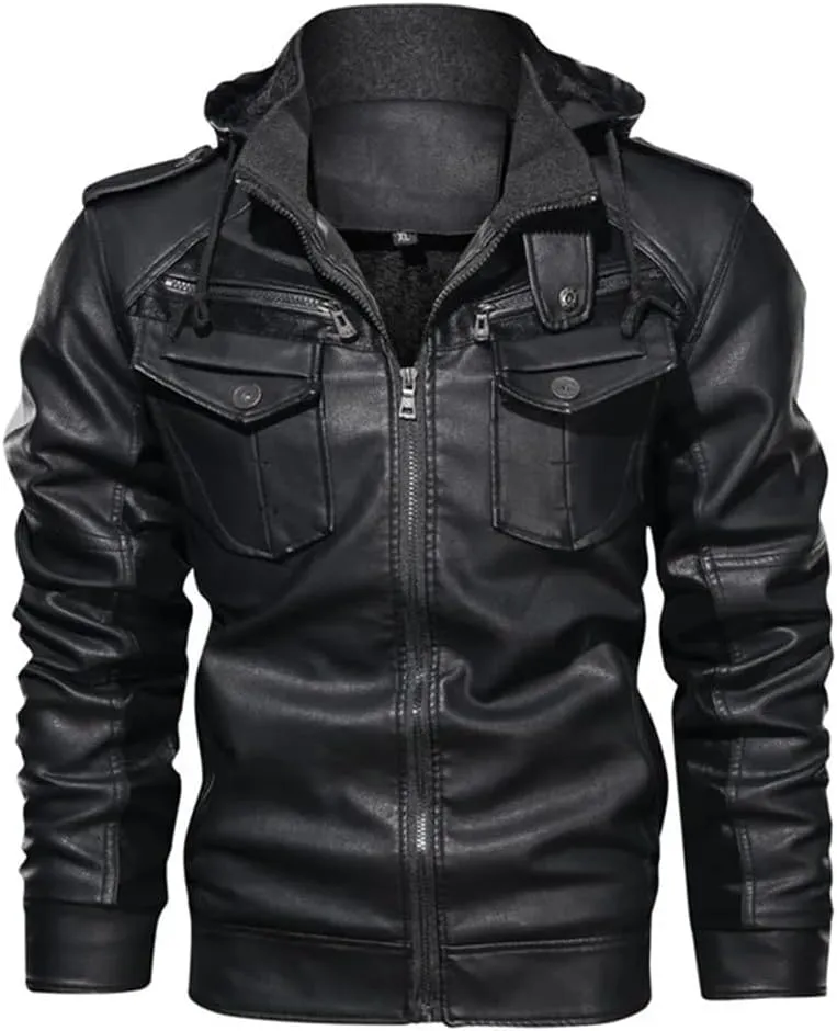 Dninmim Men's Long-Sleeved Hooded Pu Leather Jacket, Warm Motorcycle Jacket，Versatile Business Sports Coat