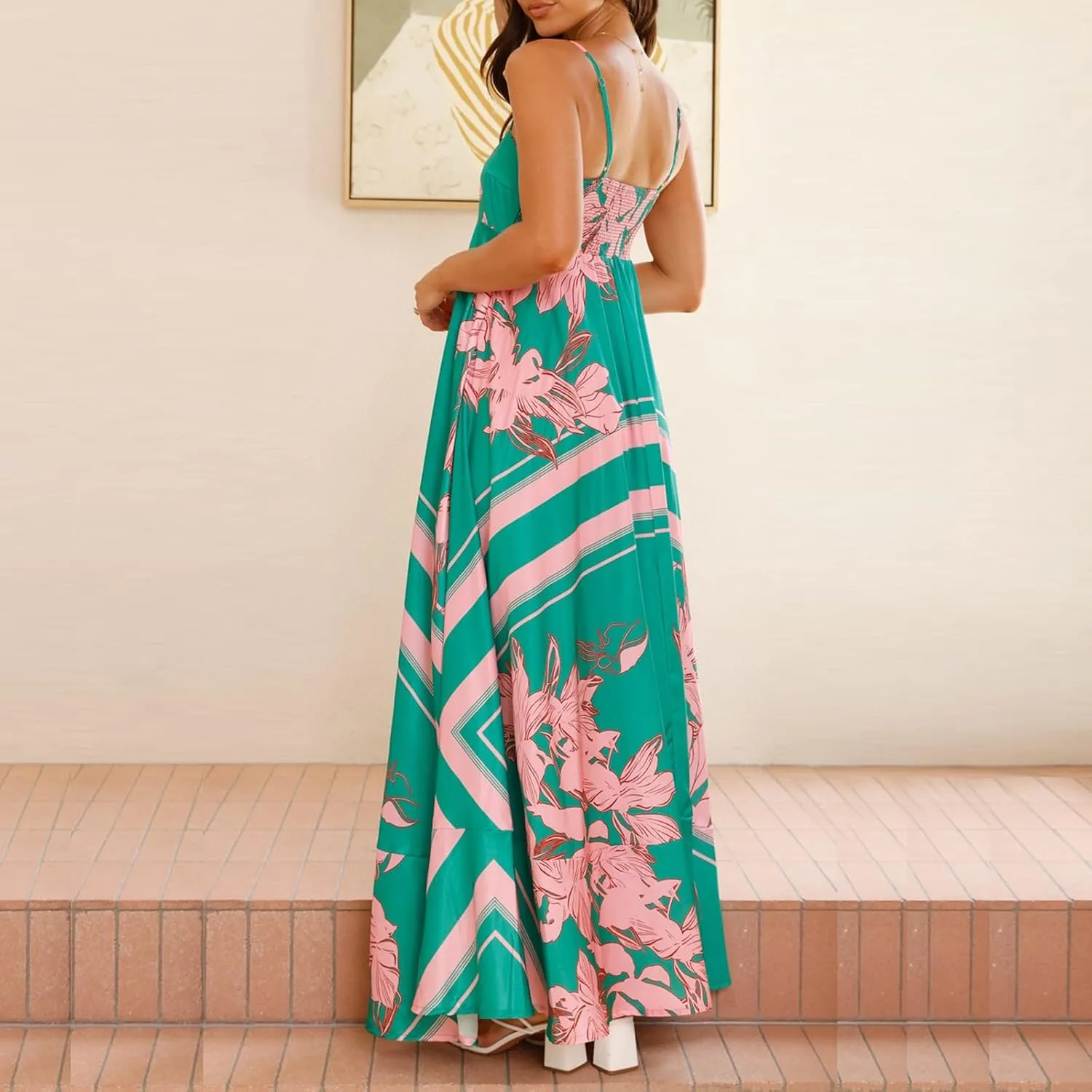Faretumiya Women Spaghetti Strap Flowy Maxi Dress Sleeveless Stripe Print Smocked Boho Ruffle Vacation Long Beach Sundress