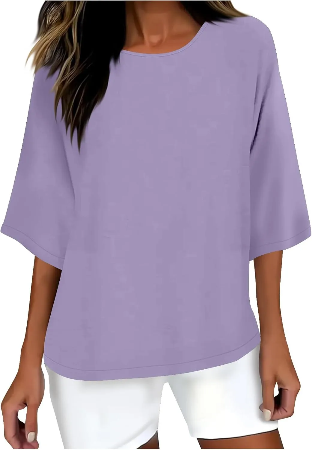 HGps8w Minimalist Linen Shirts for Women 2025 Summer Tops Solid Color Casual 3/4 Sleeve Tees Loose Crew Neck Tunic Blouse