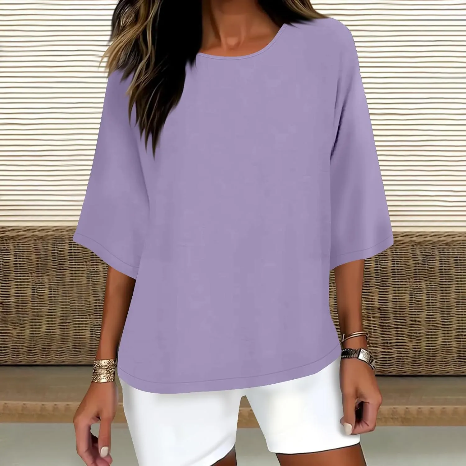 HGps8w Minimalist Linen Shirts for Women 2025 Summer Tops Solid Color Casual 3/4 Sleeve Tees Loose Crew Neck Tunic Blouse