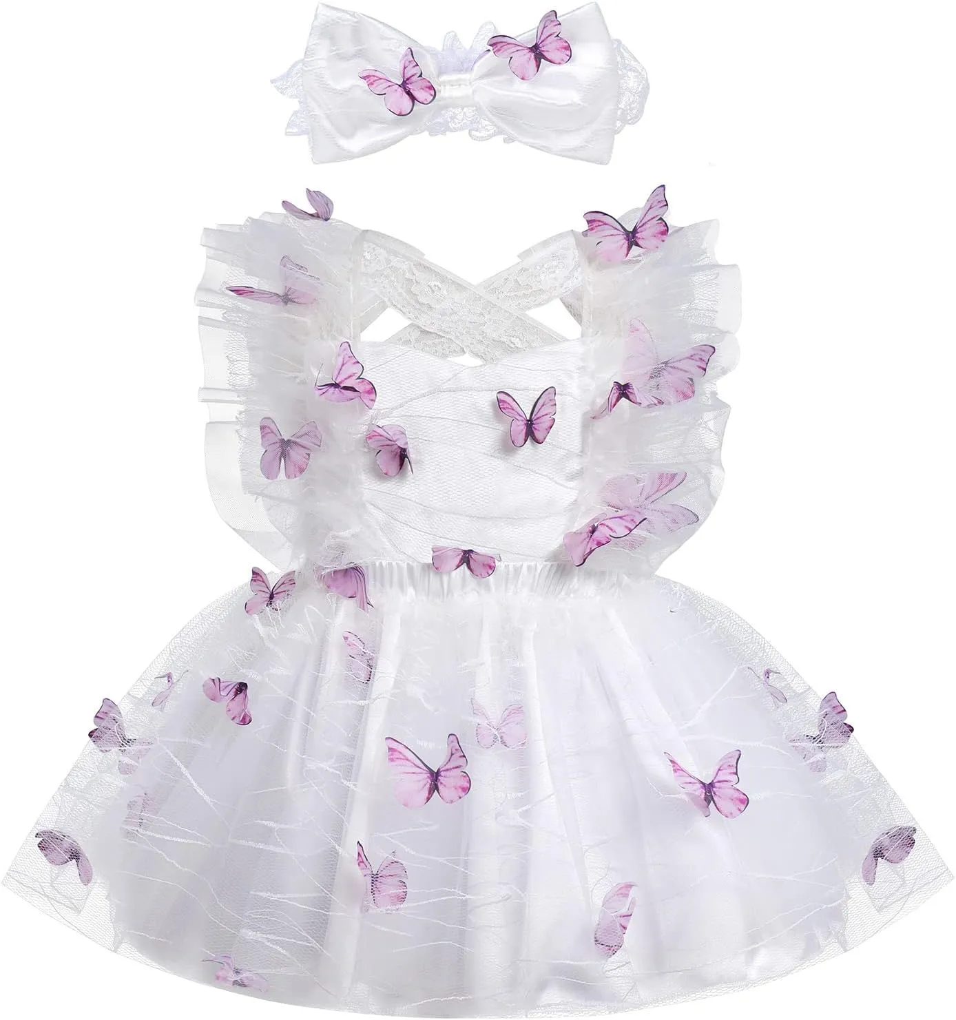 IDOPIP Baby Girls Butterfly Tutu Dress Summer Sleeveless Backless Lace Princess Birthday Party Dress with Headband Outfit