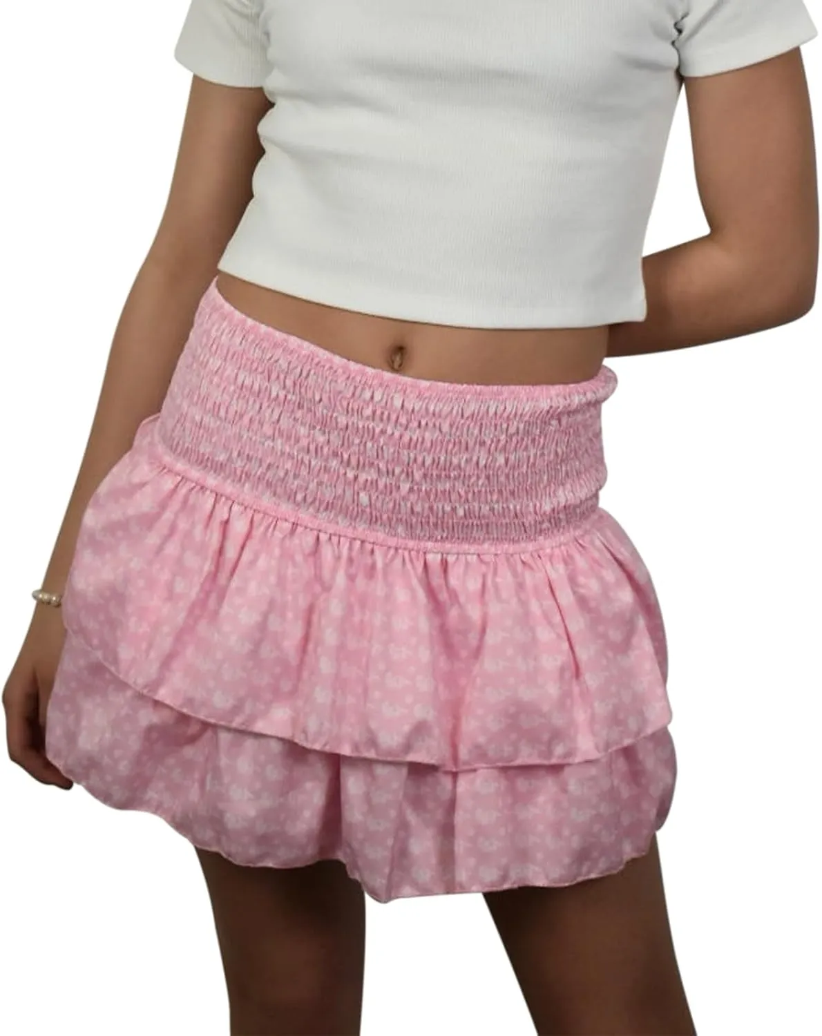 IMISSILLEB Women Ruffle Mini Skirt Smocked Waist Pleated Layered Tiered Flared Skirts Girls A Line Short Flowy Skater Skirt