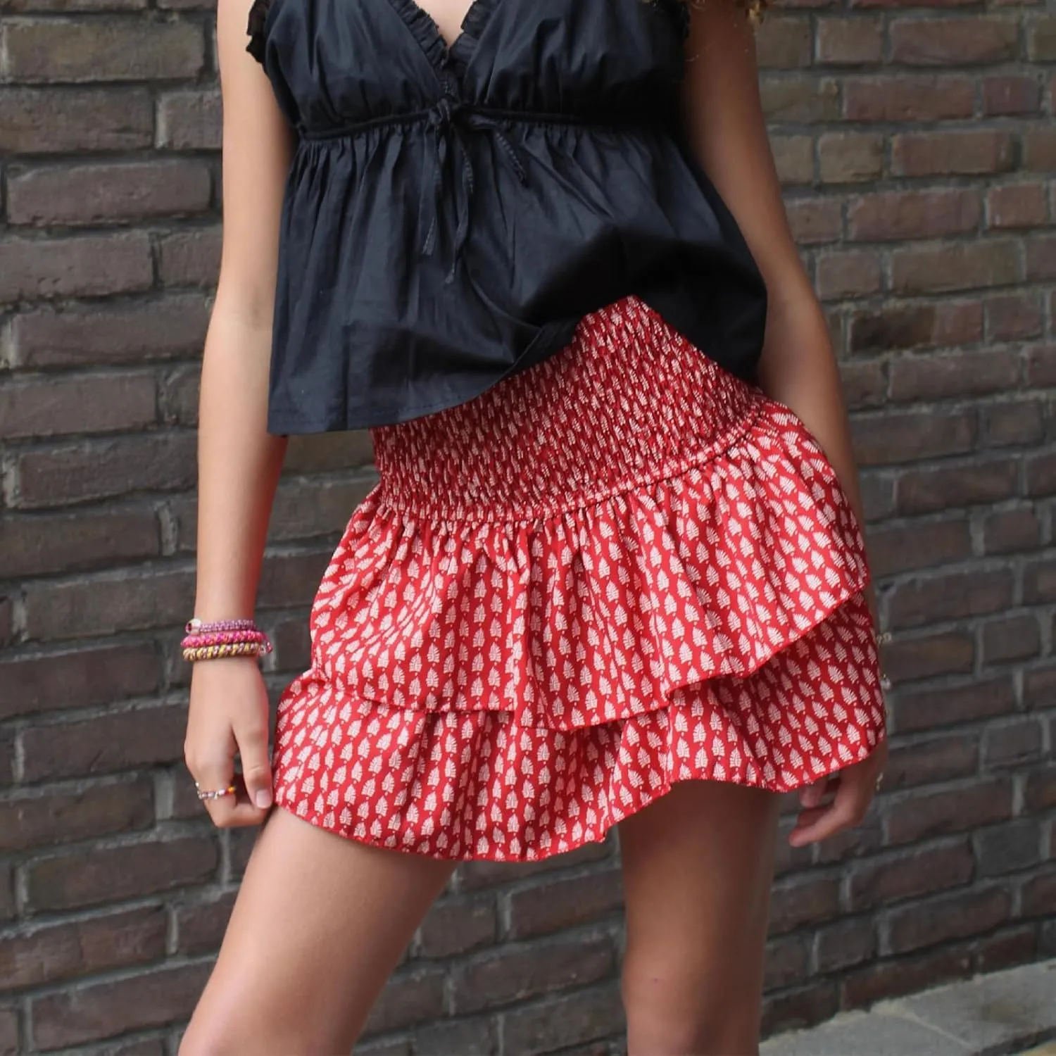 IMISSILLEB Women Ruffle Mini Skirt Smocked Waist Pleated Layered Tiered Flared Skirts Girls A Line Short Flowy Skater Skirt