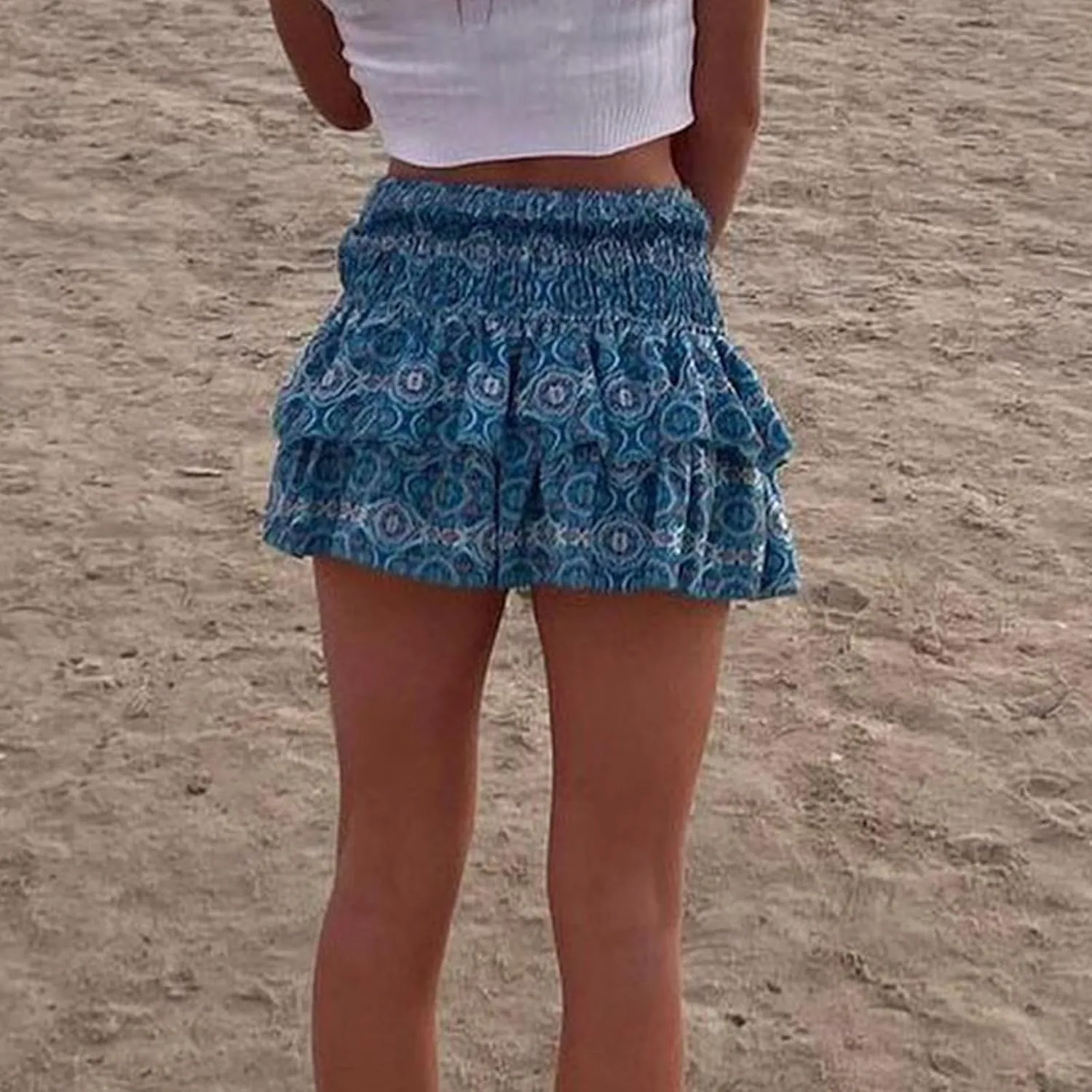 IMISSILLEB Women Ruffle Mini Skirt Smocked Waist Pleated Layered Tiered Flared Skirts Girls A Line Short Flowy Skater Skirt