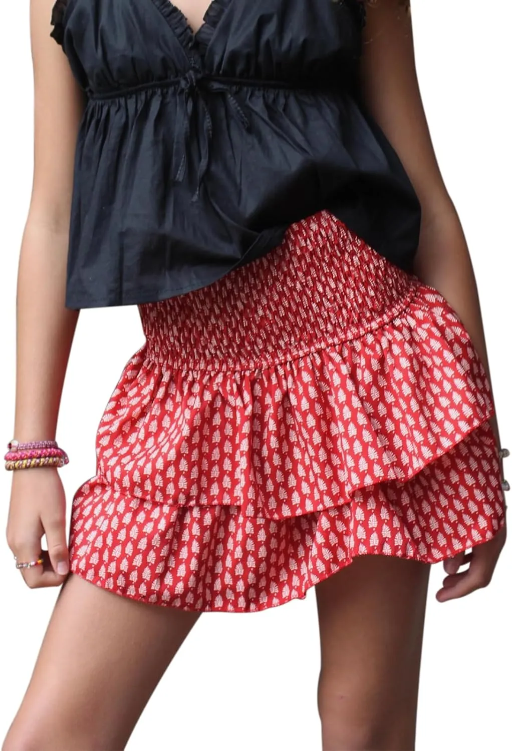 IMISSILLEB Women Ruffle Mini Skirt Smocked Waist Pleated Layered Tiered Flared Skirts Girls A Line Short Flowy Skater Skirt