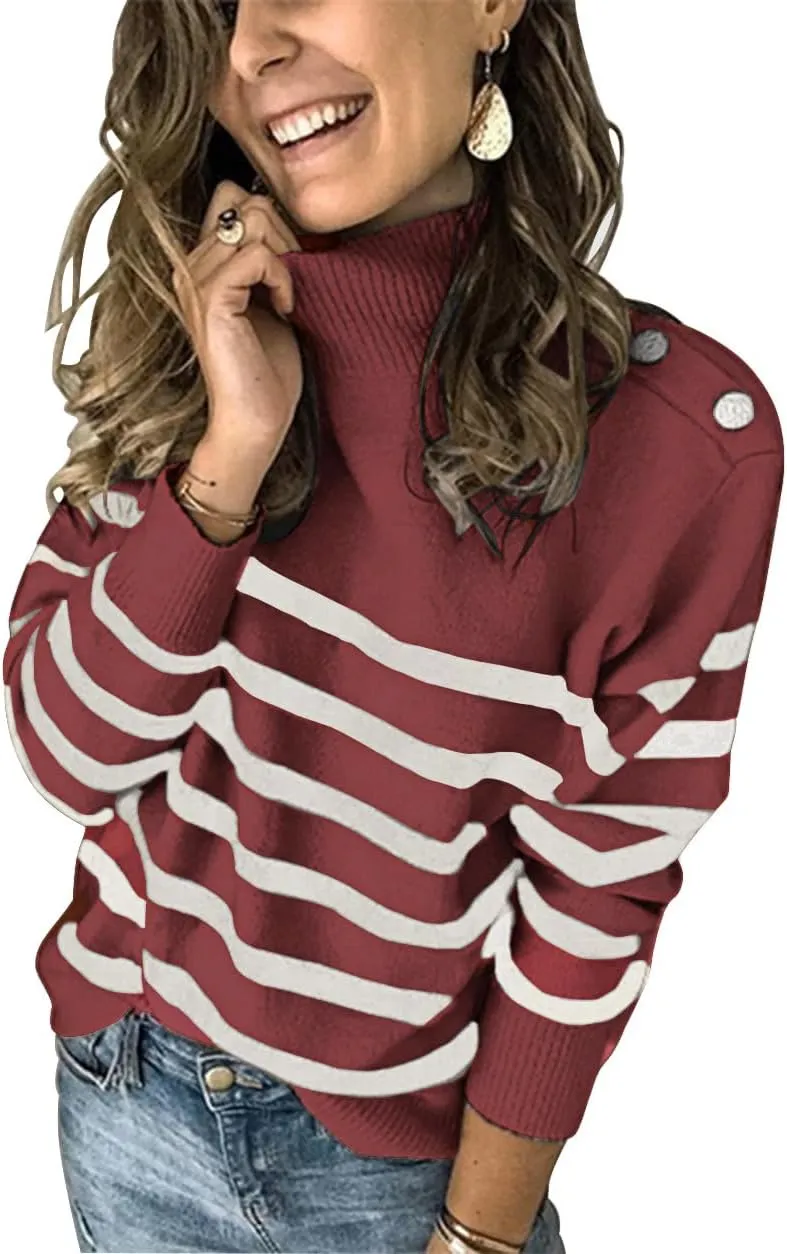 KIRUNDO Women's 2025 Fall Winter Long Sleeve Knit Sweater Turtleneck Striped Loose Pullover Tops Deco with Metal Buttons