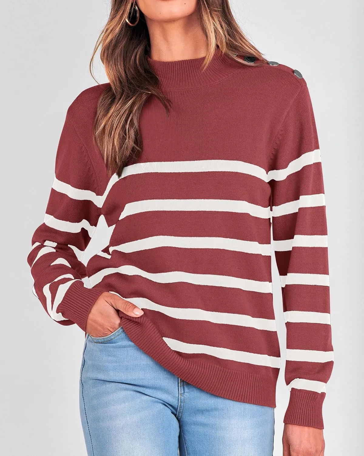 KIRUNDO Women's 2025 Fall Winter Long Sleeve Knit Sweater Turtleneck Striped Loose Pullover Tops Deco with Metal Buttons