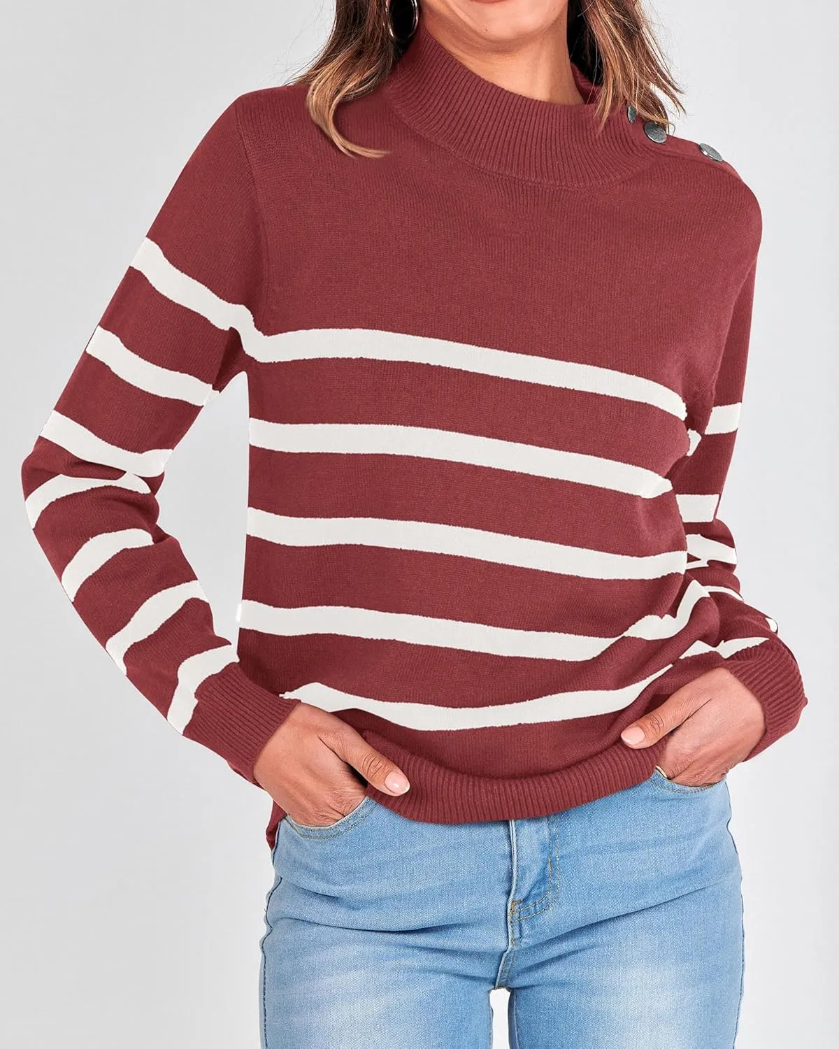KIRUNDO Women's 2025 Fall Winter Long Sleeve Knit Sweater Turtleneck Striped Loose Pullover Tops Deco with Metal Buttons