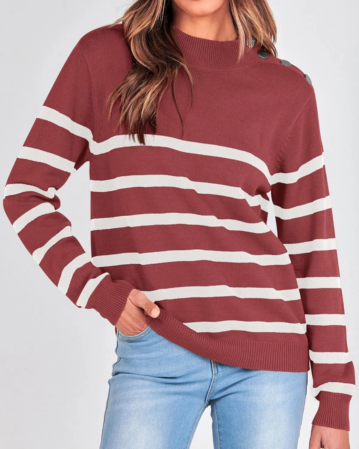 KIRUNDO Women's 2025 Fall Winter Long Sleeve Knit Sweater Turtleneck Striped Loose Pullover Tops Deco with Metal Buttons