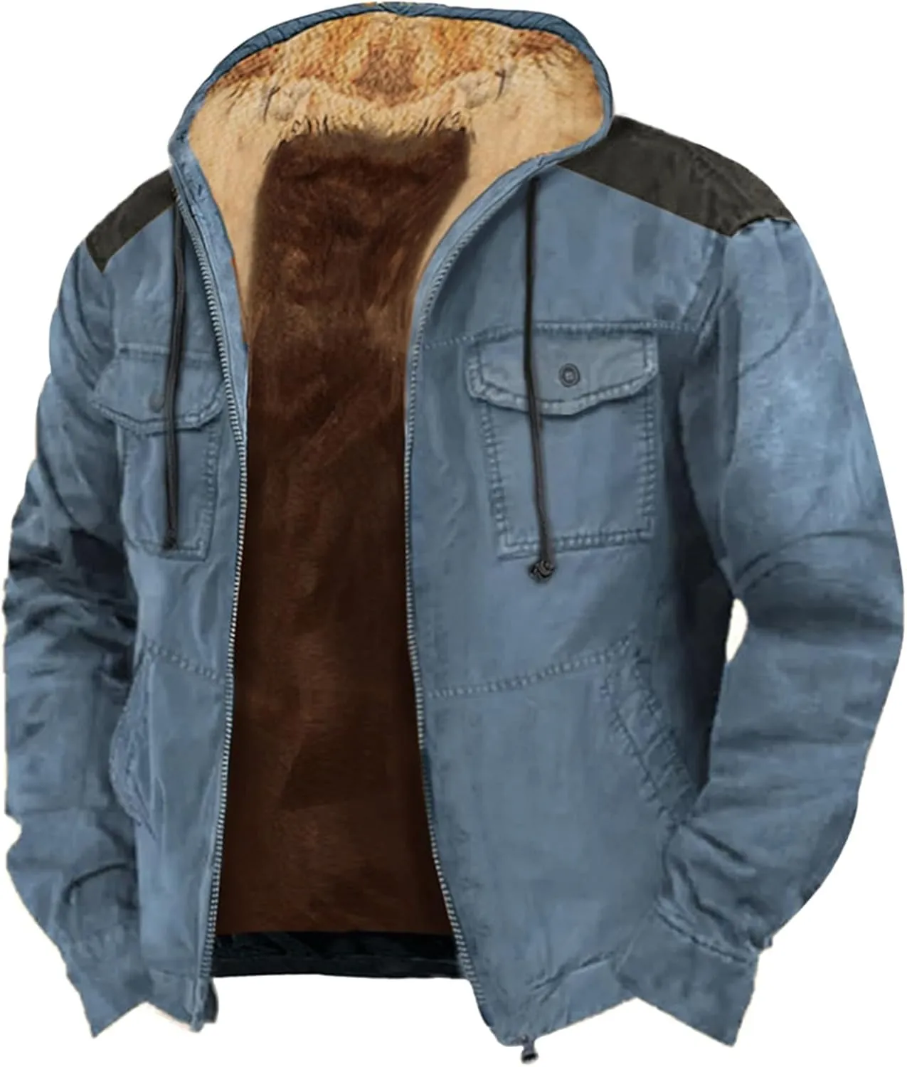 Mens Retro Fleece Lined Hooded Jackets Sherpa Thicken Winter Hoodies Full Zip Long Sleeve Soft Warm Coat with Pockets