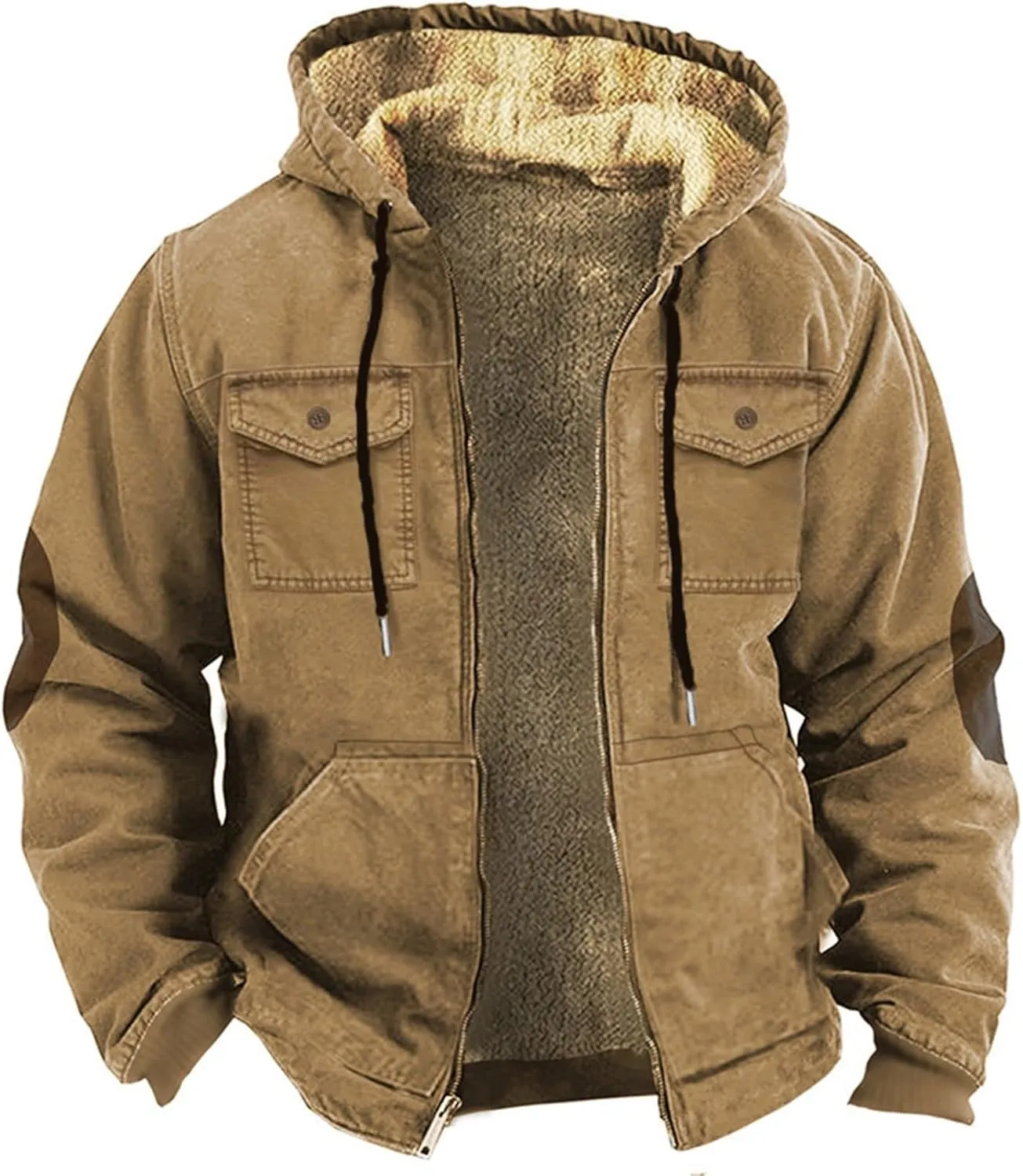 Mens Retro Fleece Lined Hooded Jackets Sherpa Thicken Winter Hoodies Full Zip Long Sleeve Soft Warm Coat with Pockets