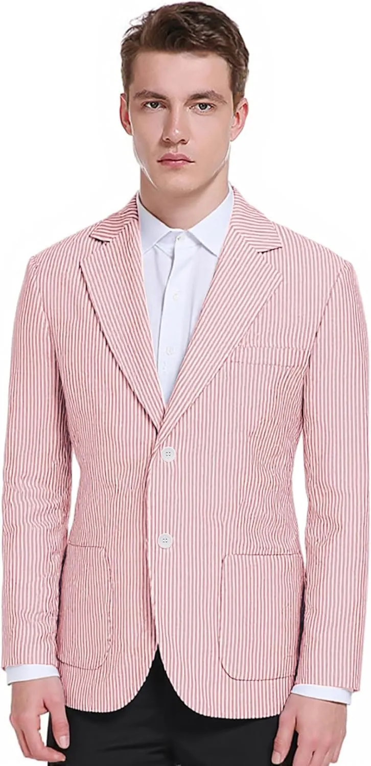 Men's Seersucker Blazer Slim Fit Lightweight Striped Suit Jacket Casual Summer Sport Coat Beach Wedding Prom