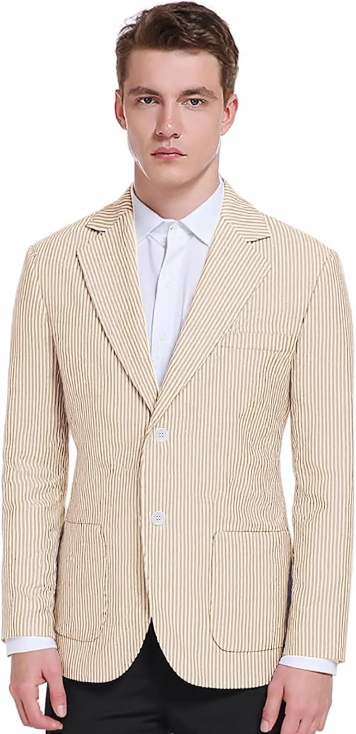 Men's Seersucker Blazer Slim Fit Lightweight Striped Suit Jacket Casual Summer Sport Coat Beach Wedding Prom