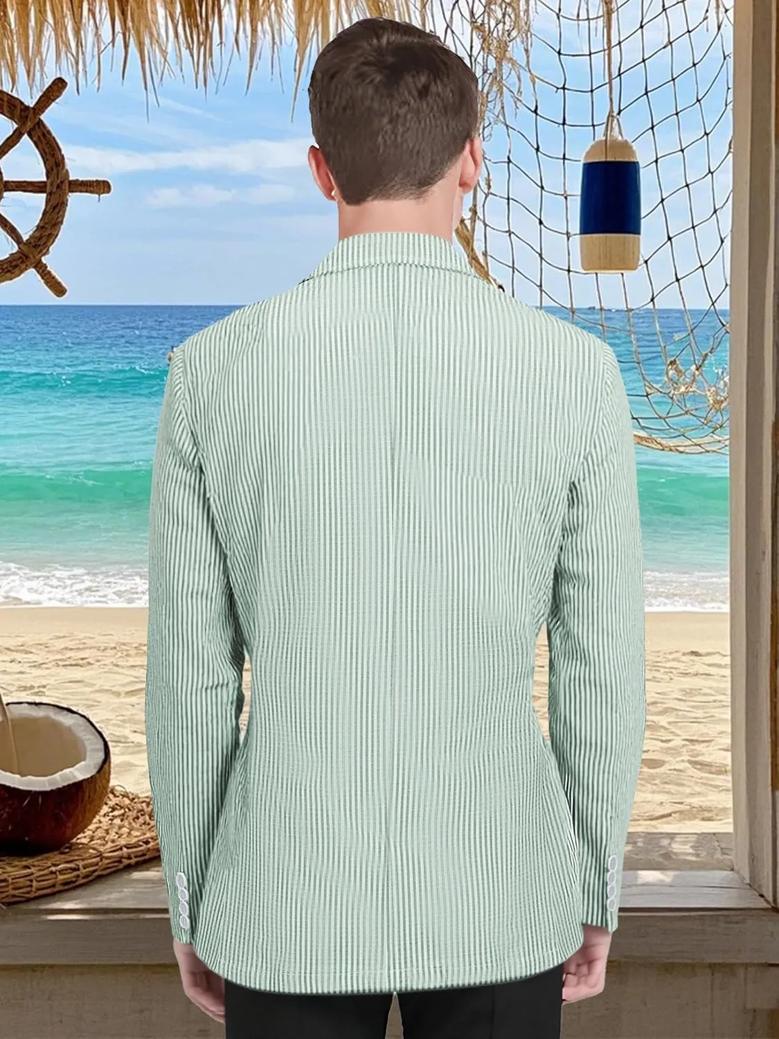 Men's Seersucker Blazer Slim Fit Lightweight Striped Suit Jacket Casual Summer Sport Coat Beach Wedding Prom