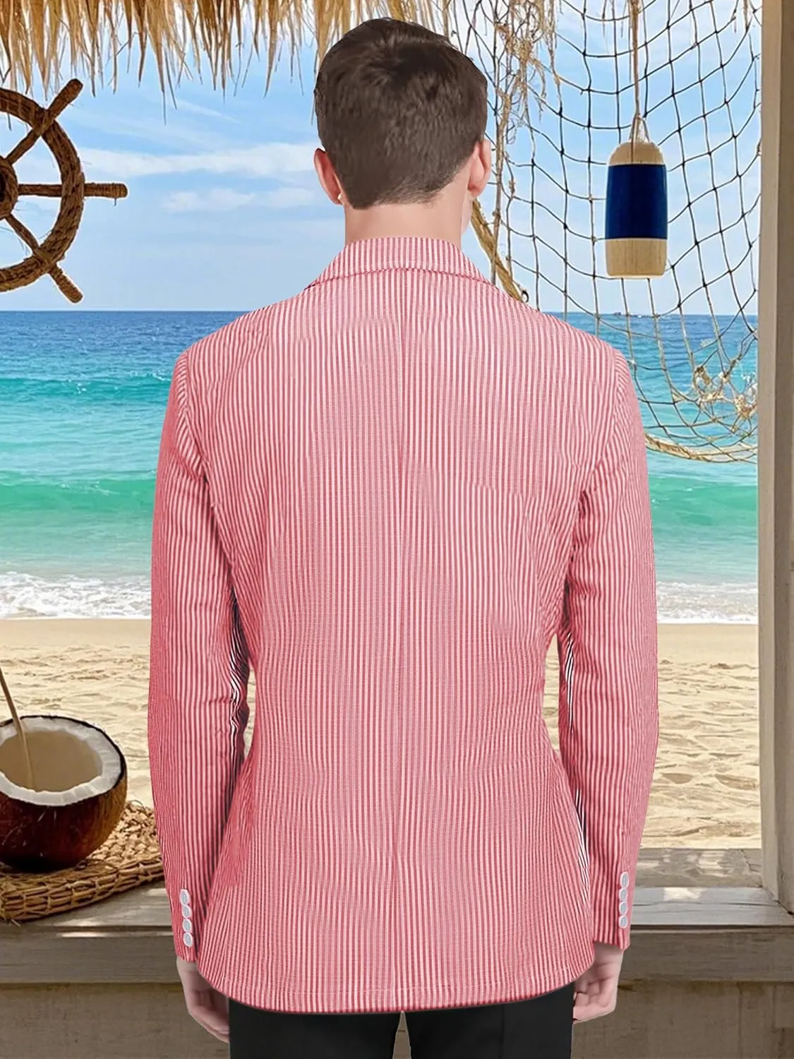 Men's Seersucker Blazer Slim Fit Lightweight Striped Suit Jacket Casual Summer Sport Coat Beach Wedding Prom