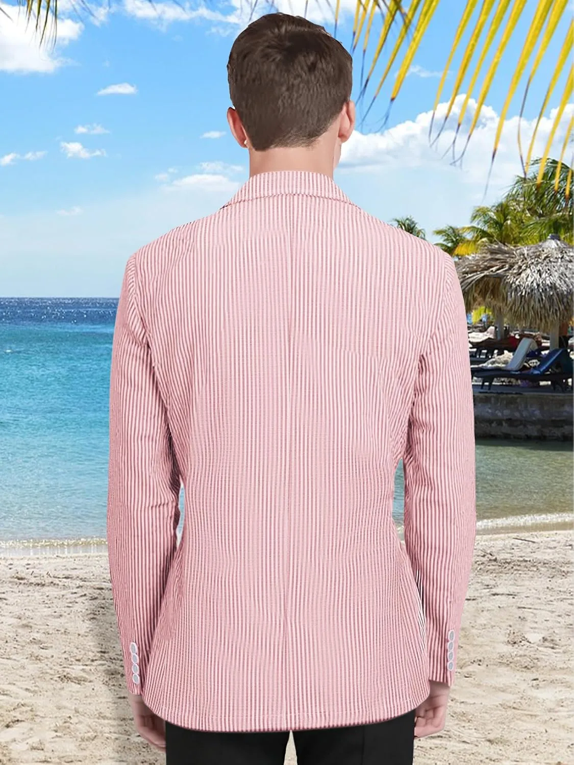 Men's Seersucker Blazer Slim Fit Lightweight Striped Suit Jacket Casual Summer Sport Coat Beach Wedding Prom