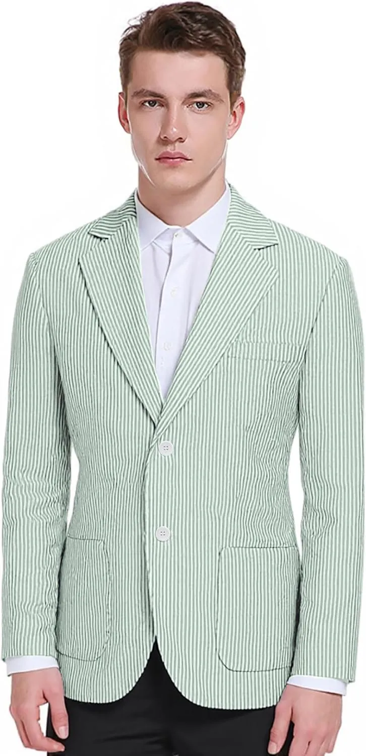 Men's Seersucker Blazer Slim Fit Lightweight Striped Suit Jacket Casual Summer Sport Coat Beach Wedding Prom