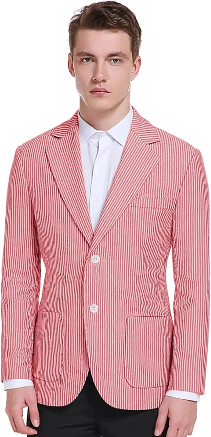 Men's Seersucker Blazer Slim Fit Lightweight Striped Suit Jacket Casual Summer Sport Coat Beach Wedding Prom