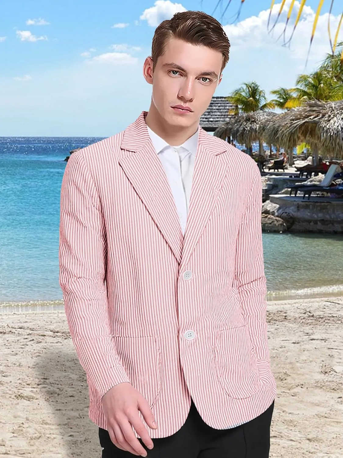 Men's Seersucker Blazer Slim Fit Lightweight Striped Suit Jacket Casual Summer Sport Coat Beach Wedding Prom