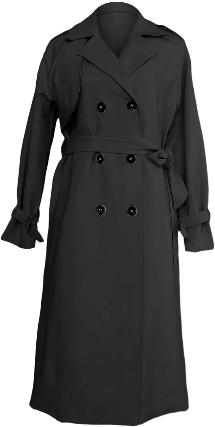 Miyaomn Women Double Breasted Long Trench Coat Windproof Classic Autumn Notched Lapel Belted Long Sleeve Slim Jacket Overcoat
