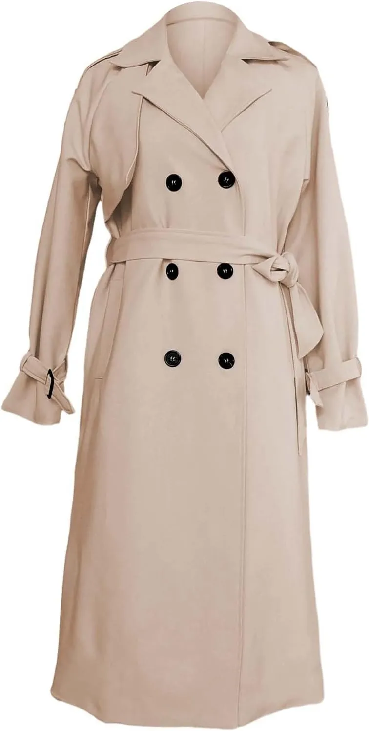 Miyaomn Women Double Breasted Long Trench Coat Windproof Classic Autumn Notched Lapel Belted Long Sleeve Slim Jacket Overcoat