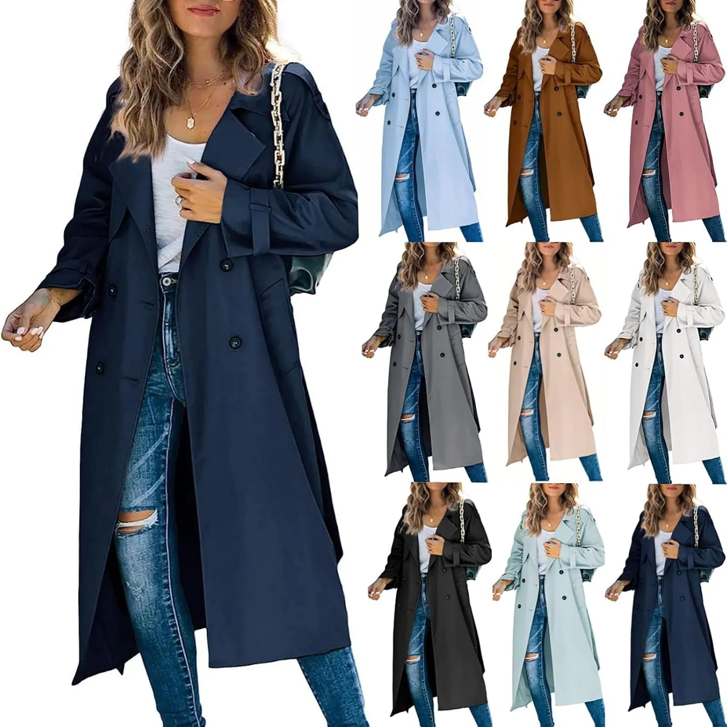 Miyaomn Women Double Breasted Long Trench Coat Windproof Classic Autumn Notched Lapel Belted Long Sleeve Slim Jacket Overcoat